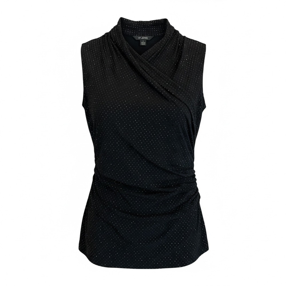 St. John Black Textured Dot Top Sleeveless Draped Neck Stretch Blouse Size M